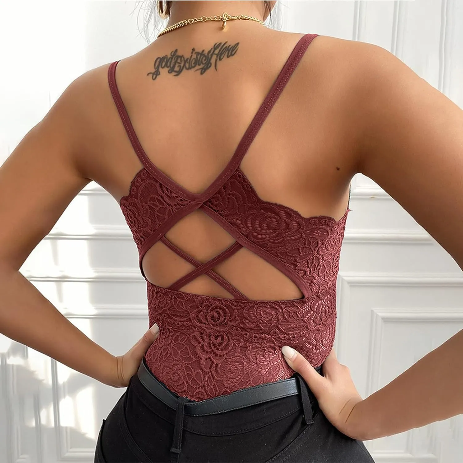 Borniu Women's Lace Bralette Sexy V Neck Unpadded Wirefree Longline Bra Strap Crop Tops Stretchy Camisoles Everyday Lingerie