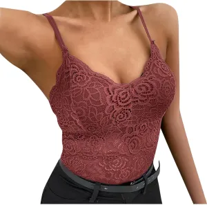 Borniu Women's Lace Bralette Sexy V Neck Unpadded Wirefree Longline Bra Strap Crop Tops Stretchy Camisoles Everyday Lingerie