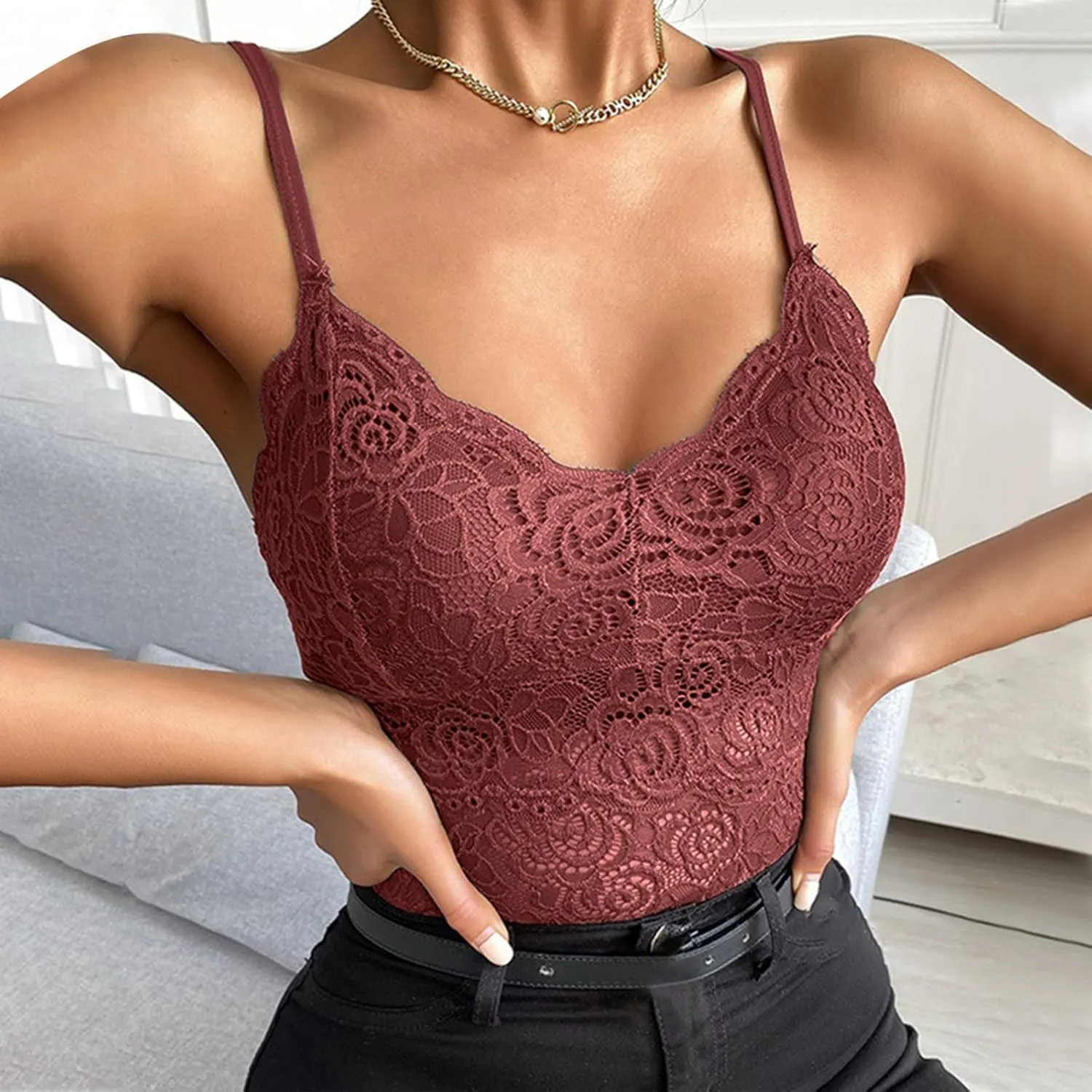 Borniu Women's Lace Bralette Sexy V Neck Unpadded Wirefree Longline Bra Strap Crop Tops Stretchy Camisoles Everyday Lingerie