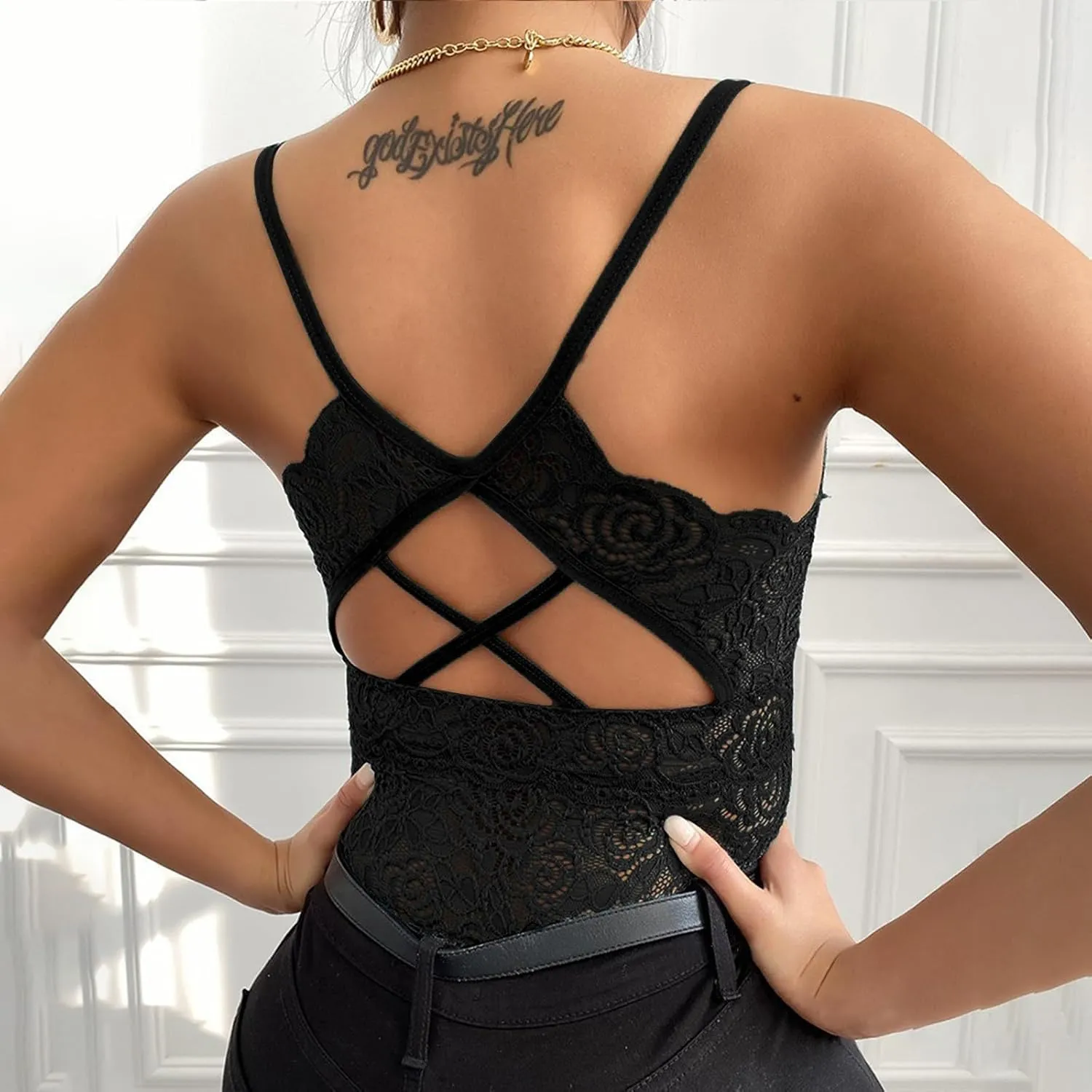 Borniu Women's Lace Bralette Sexy V Neck Unpadded Wirefree Longline Bra Strap Crop Tops Stretchy Camisoles Everyday Lingerie