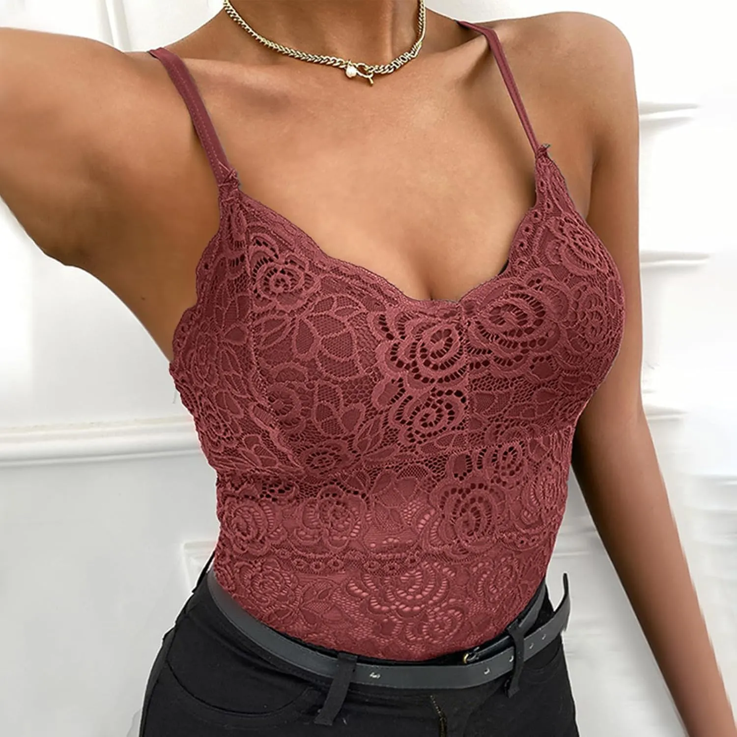 Borniu Women's Lace Bralette Sexy V Neck Unpadded Wirefree Longline Bra Strap Crop Tops Stretchy Camisoles Everyday Lingerie