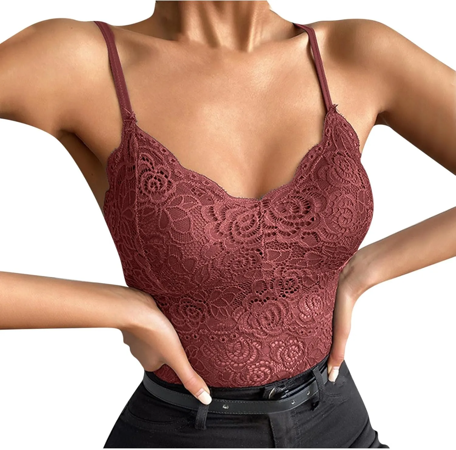 Borniu Women's Lace Bralette Sexy V Neck Unpadded Wirefree Longline Bra Strap Crop Tops Stretchy Camisoles Everyday Lingerie
