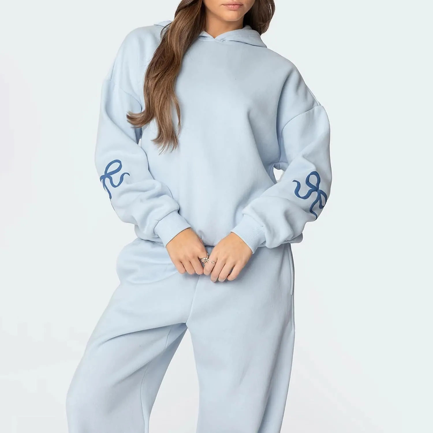 Bow Sweatsuits for Women Two Piece Tracksuit Graphic Oversized Hoodie Sweatshirt Sweatpants Sweat Set for Teen Girl