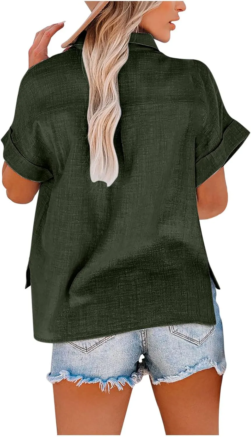 Button Down Shirt Women Summer Casual Trendy Tops Short Sleeve Linen Collared T Shirts Plain Tshirt Dressy Blouses