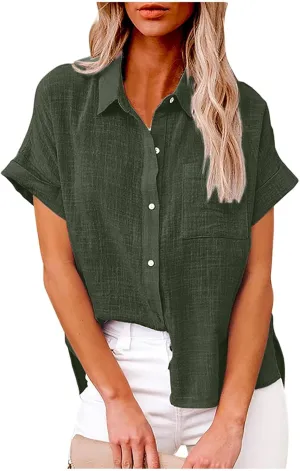 Button Down Shirt Women Summer Casual Trendy Tops Short Sleeve Linen Collared T Shirts Plain Tshirt Dressy Blouses