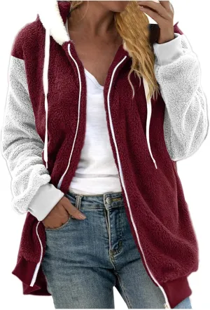 Cashmere Coats For Women,Oversized Sherpa Hoodies Woman Jackets For Women Winter Fuzzy Fleece Jacket Hooded Color Block Patchwork Cardigan Coats Outerwear With Pockets （Reds，4Xl）