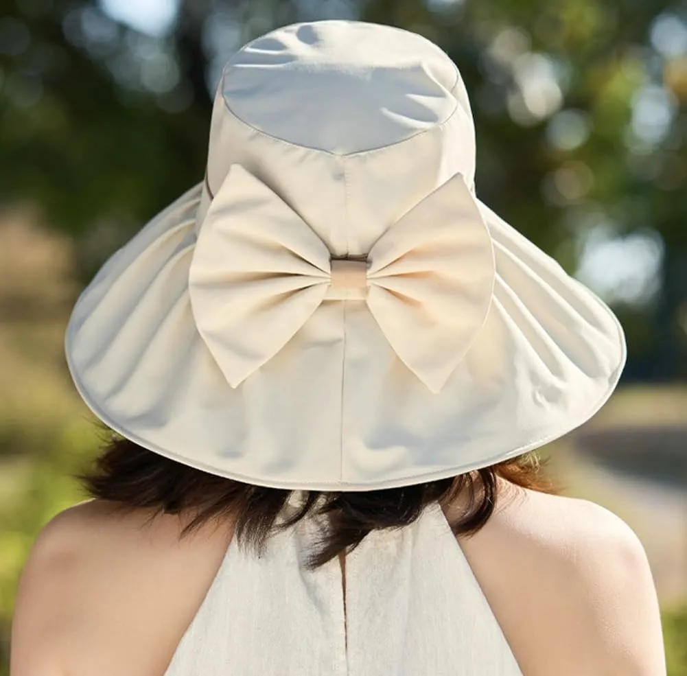 Casual Womens Wide Brim Sun Hat Floppy Packable Summer Beach Bucket Cap with Bow UPF50  UV Protection Outdoor Travel