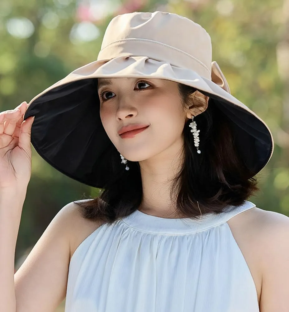 Casual Womens Wide Brim Sun Hat Floppy Packable Summer Beach Bucket Cap with Bow UPF50  UV Protection Outdoor Travel
