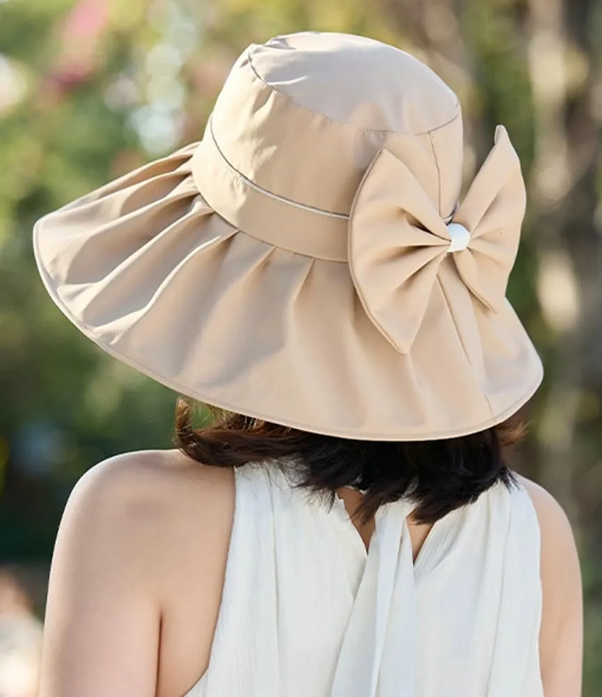 Casual Womens Wide Brim Sun Hat Floppy Packable Summer Beach Bucket Cap with Bow UPF50  UV Protection Outdoor Travel