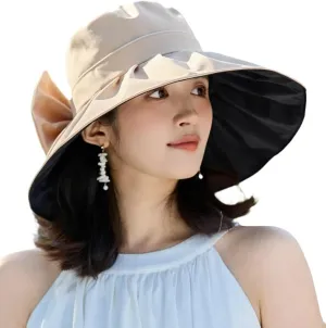 Casual Womens Wide Brim Sun Hat Floppy Packable Summer Beach Bucket Cap with Bow UPF50  UV Protection Outdoor Travel