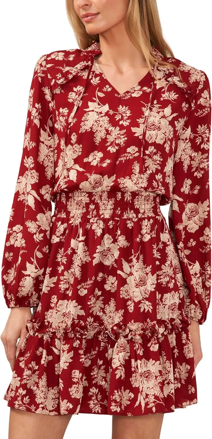 CeCe Floral Long Sleeve Ruffled Dress
