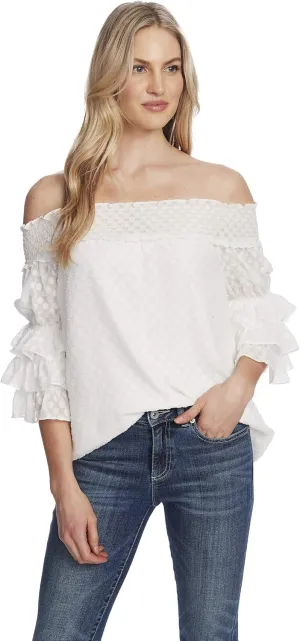 CeCe Off-The-Shoulder Clip Dot Blouse