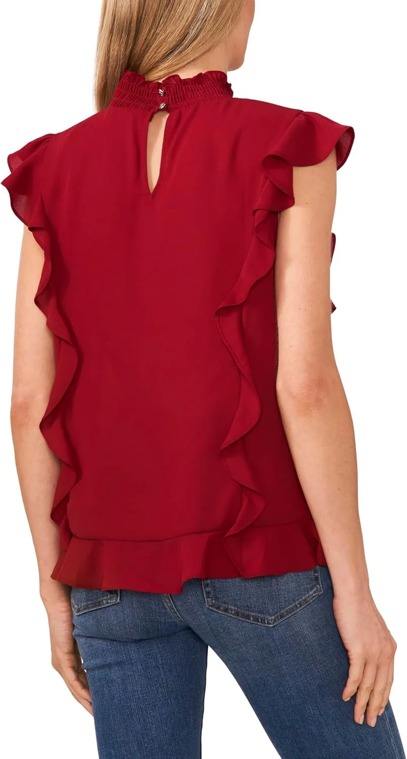 CeCe Sleeveless Mock Neck Ruffled Blouse