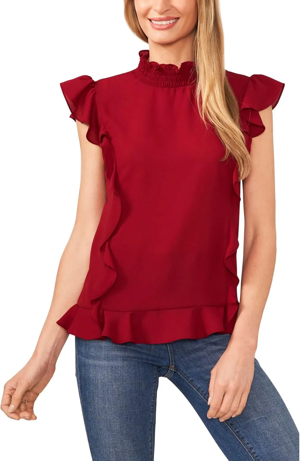 CeCe Sleeveless Mock Neck Ruffled Blouse
