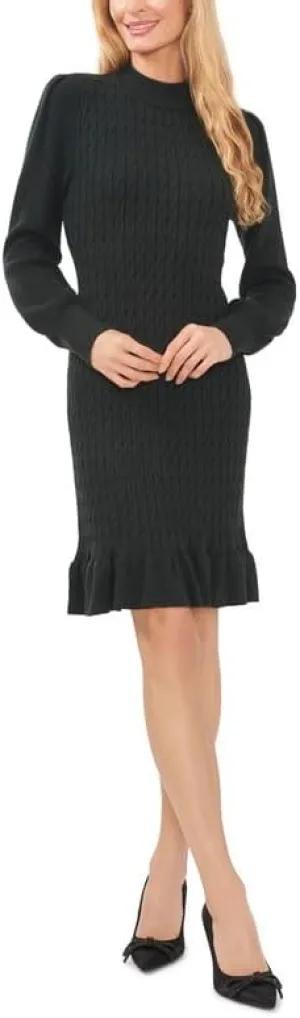CeCe Women's Cable Knit Mock Neck Sweater Dress (Forest Shadow, Medium)