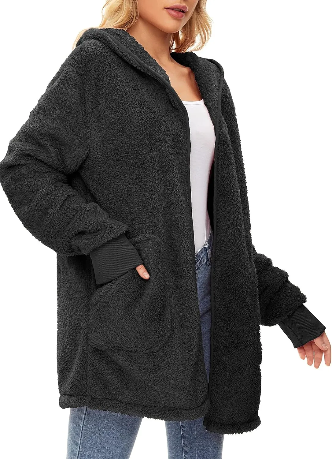 Century Star Women Fleece Cardigan Hooded Loose Fuzzy Cardigan Coat Womens Fuzzy Jacket Outwear