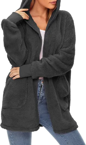 Century Star Women Fleece Cardigan Hooded Loose Fuzzy Cardigan Coat Womens Fuzzy Jacket Outwear