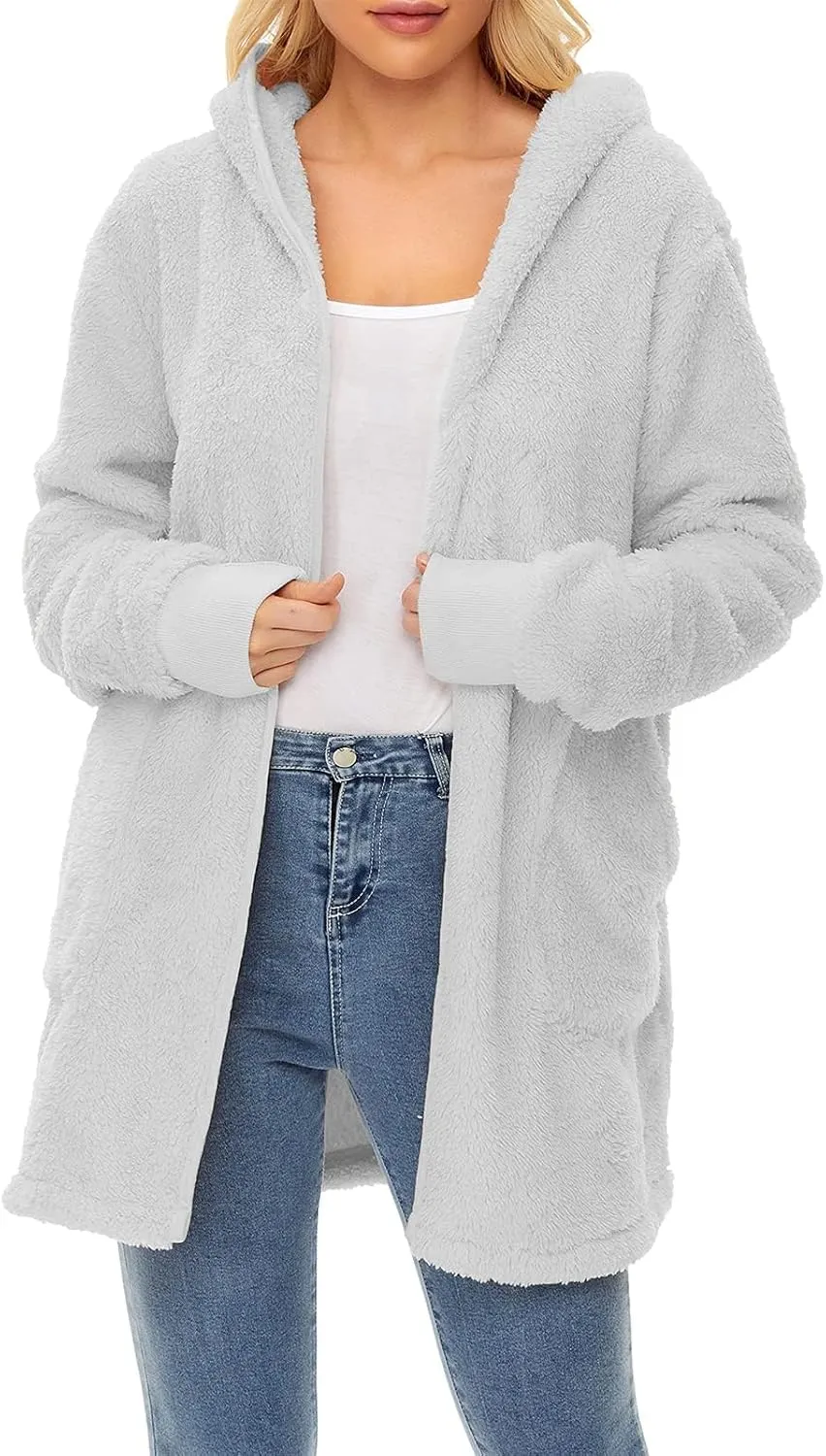 Century Star Women Fleece Cardigan Hooded Loose Fuzzy Cardigan Coat Womens Fuzzy Jacket Outwear