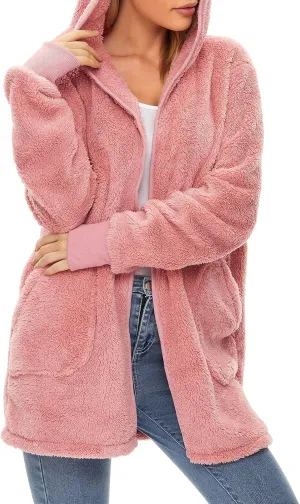 Century Star Women Fleece Cardigan Hooded Loose Fuzzy Cardigan Coat Womens Fuzzy Jacket Outwear