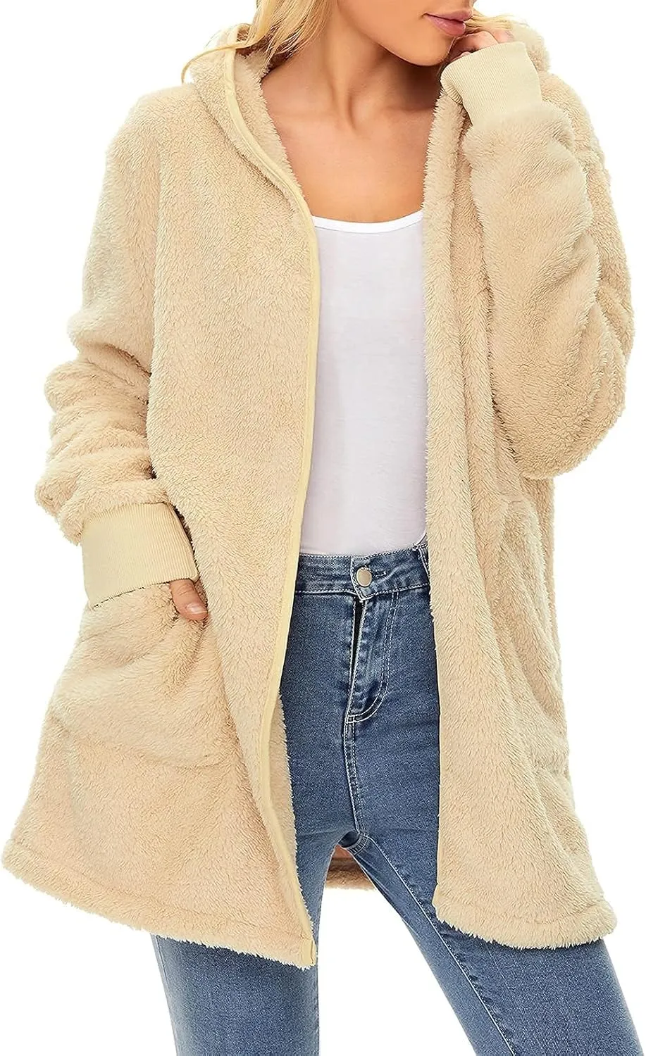Century Star Women Fleece Cardigan Hooded Loose Fuzzy Cardigan Coat Womens Fuzzy Jacket Outwear