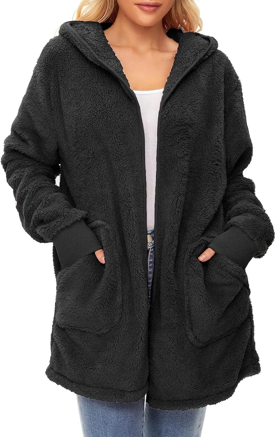Century Star Women Fleece Cardigan Hooded Loose Fuzzy Cardigan Coat Womens Fuzzy Jacket Outwear