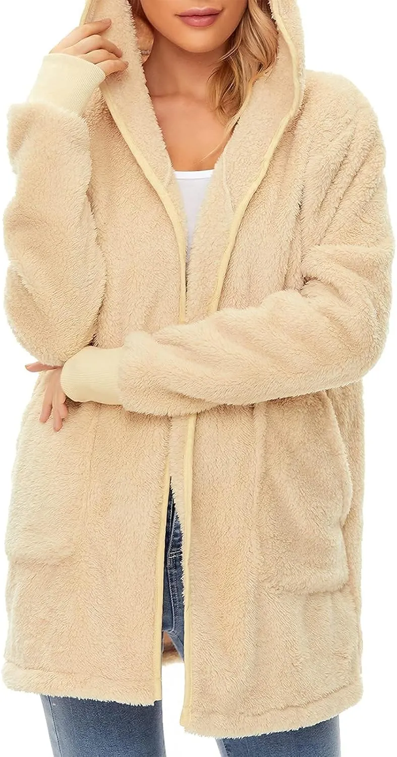 Century Star Women Fleece Cardigan Hooded Loose Fuzzy Cardigan Coat Womens Fuzzy Jacket Outwear