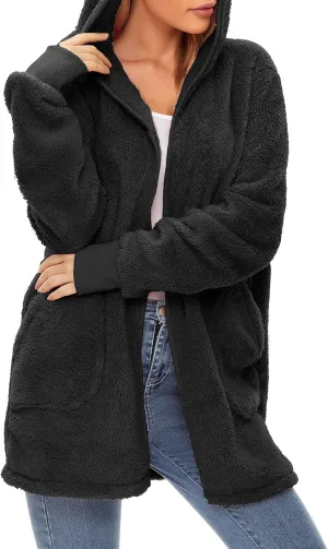 Century Star Women Fleece Cardigan Hooded Loose Fuzzy Cardigan Coat Womens Fuzzy Jacket Outwear