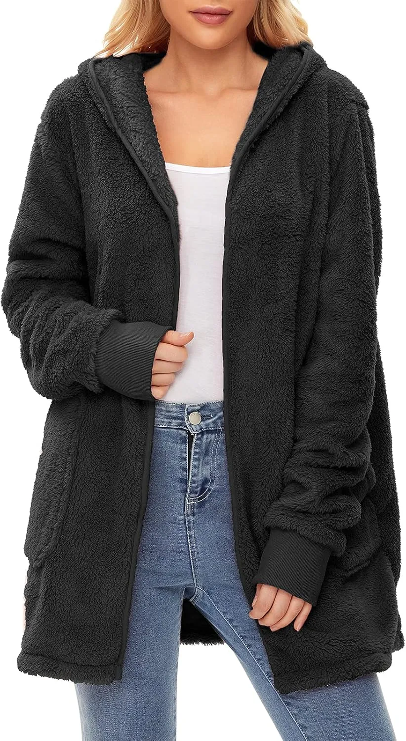 Century Star Women Fleece Cardigan Hooded Loose Fuzzy Cardigan Coat Womens Fuzzy Jacket Outwear