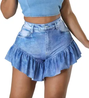 CHARTOU Women's Sexy High Waist Ruffled Flare Bottom Flowy Denim Jeans Mini Shorts