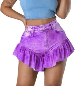 CHARTOU Women's Sexy High Waist Ruffled Flare Bottom Flowy Denim Jeans Mini Shorts