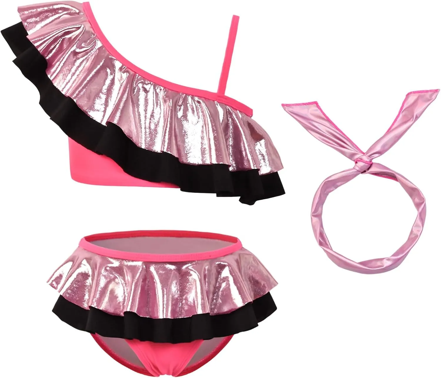 CHILDRENSTAR Girls Bikinis Set Metallic 2 Pieces Swimsuit Cute Ruffles Solid Color Block Bathing Suits with Hairbands