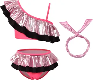 CHILDRENSTAR Girls Bikinis Set Metallic 2 Pieces Swimsuit Cute Ruffles Solid Color Block Bathing Suits with Hairbands