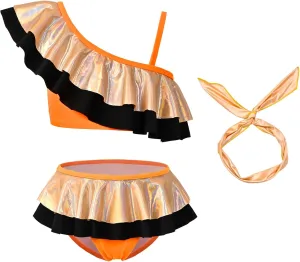 CHILDRENSTAR Girls Bikinis Set Metallic 2 Pieces Swimsuit Cute Ruffles Solid Color Block Bathing Suits with Hairbands