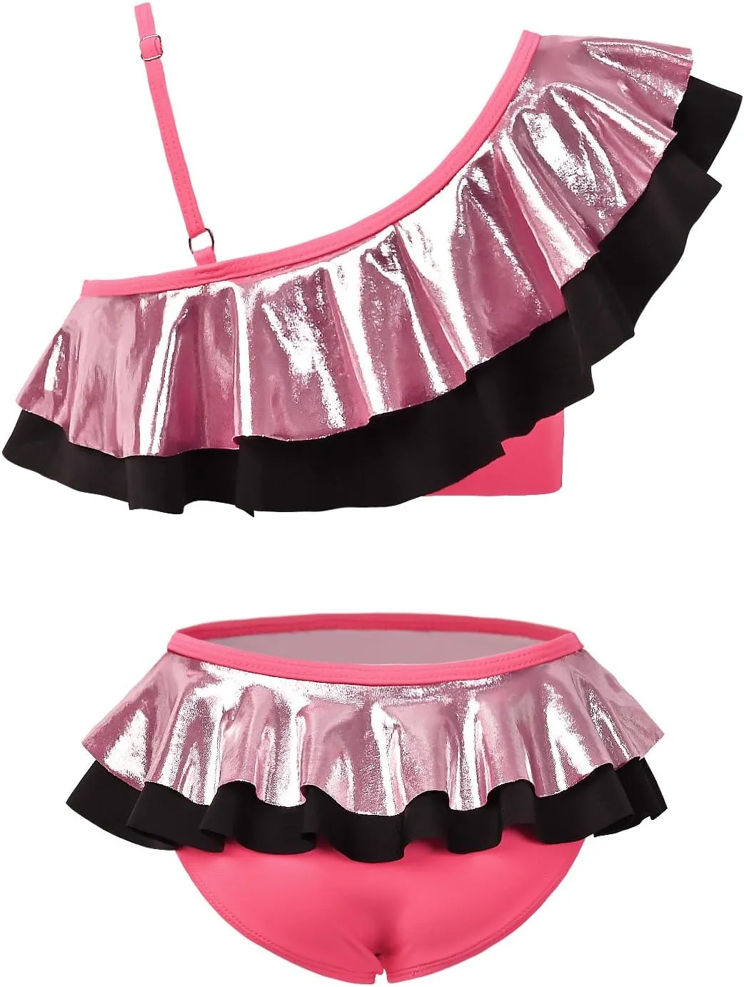 CHILDRENSTAR Girls Bikinis Set Metallic 2 Pieces Swimsuit Cute Ruffles Solid Color Block Bathing Suits with Hairbands