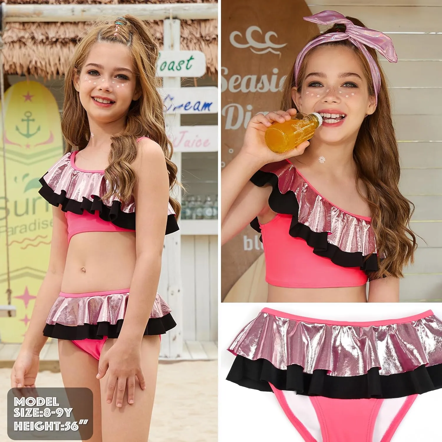 CHILDRENSTAR Girls Bikinis Set Metallic 2 Pieces Swimsuit Cute Ruffles Solid Color Block Bathing Suits with Hairbands