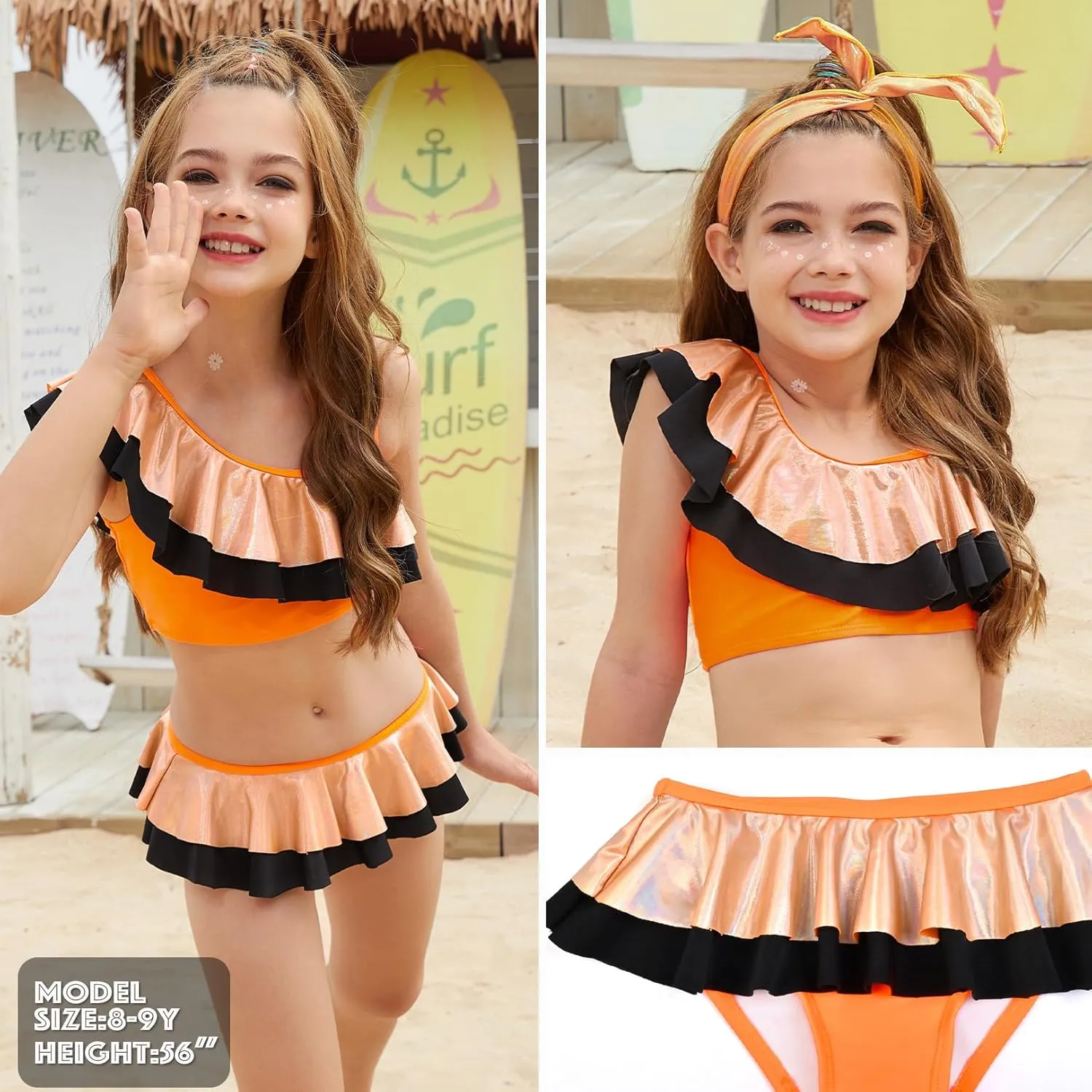 CHILDRENSTAR Girls Bikinis Set Metallic 2 Pieces Swimsuit Cute Ruffles Solid Color Block Bathing Suits with Hairbands
