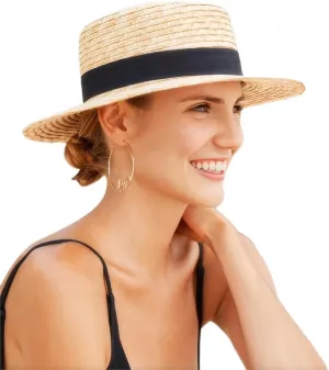 Classic Women Wheat Straw Boater Hats Beach Sun Hat with Black Grosgrain Ribbon 3.15" Brim