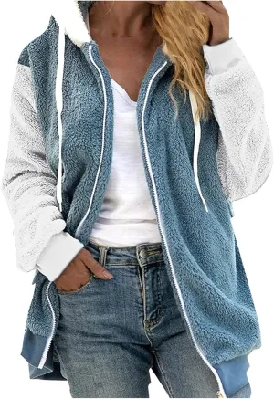 Clearance Winter Coats,Hoodie For Women Zip Up Sherpa Abrigos De Mujer En Oferta Womens Fuzzy Jacket Hooded Cardigan Open Front Sherpa Coat Outwear With Pockets BluesXl