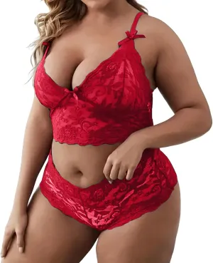 cooki Lingerie Sets for Women Sexy 2 Piece Sheer Floral Lace Bralette and Panty Underwear Plus Size Sleepwear Bra Nightwear