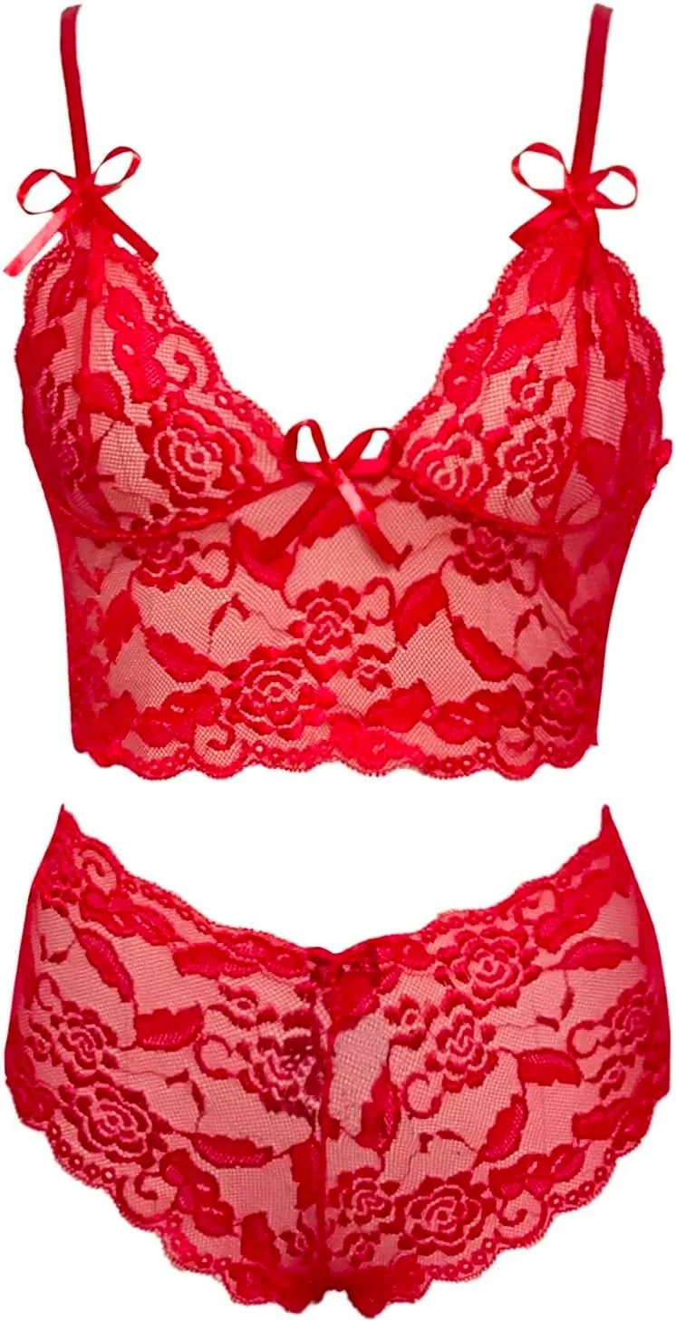cooki Lingerie Sets for Women Sexy 2 Piece Sheer Floral Lace Bralette and Panty Underwear Plus Size Sleepwear Bra Nightwear