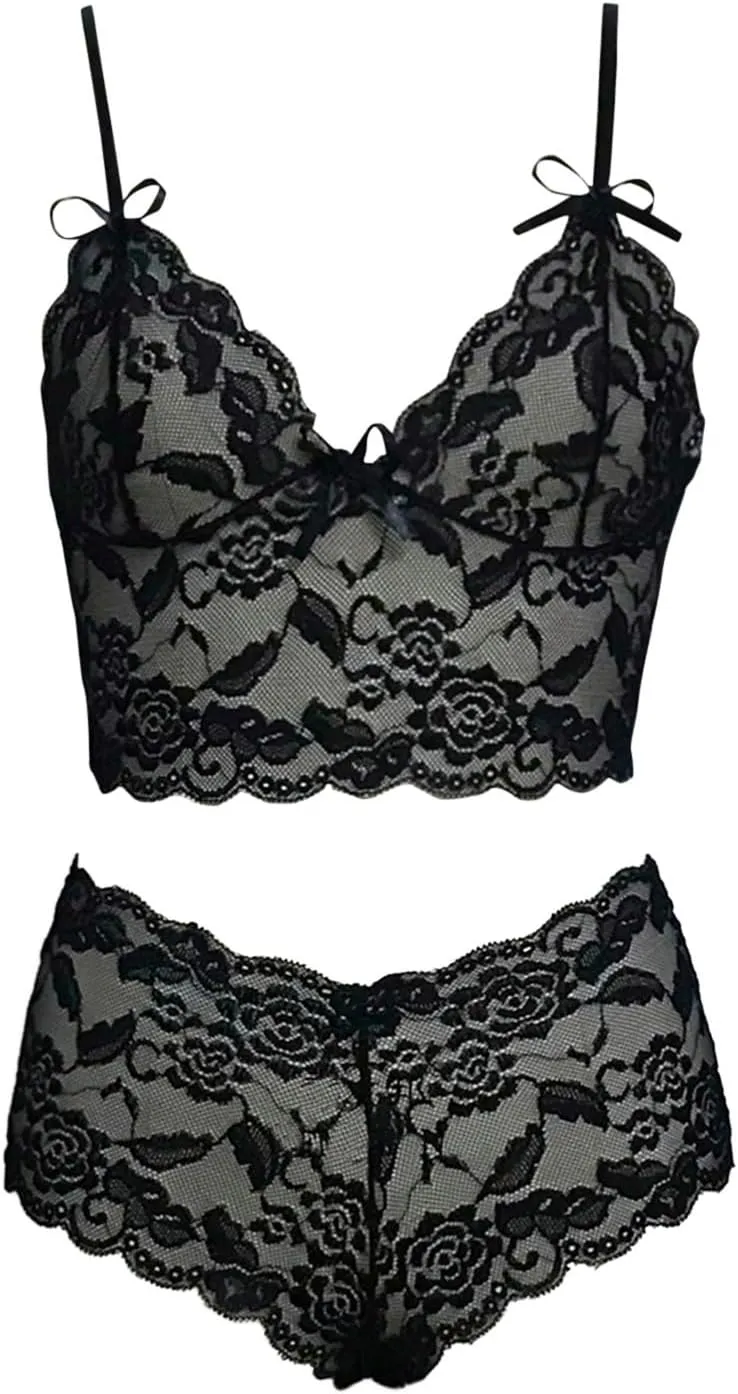 cooki Lingerie Sets for Women Sexy 2 Piece Sheer Floral Lace Bralette and Panty Underwear Plus Size Sleepwear Bra Nightwear