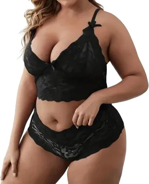 cooki Lingerie Sets for Women Sexy 2 Piece Sheer Floral Lace Bralette and Panty Underwear Plus Size Sleepwear Bra Nightwear