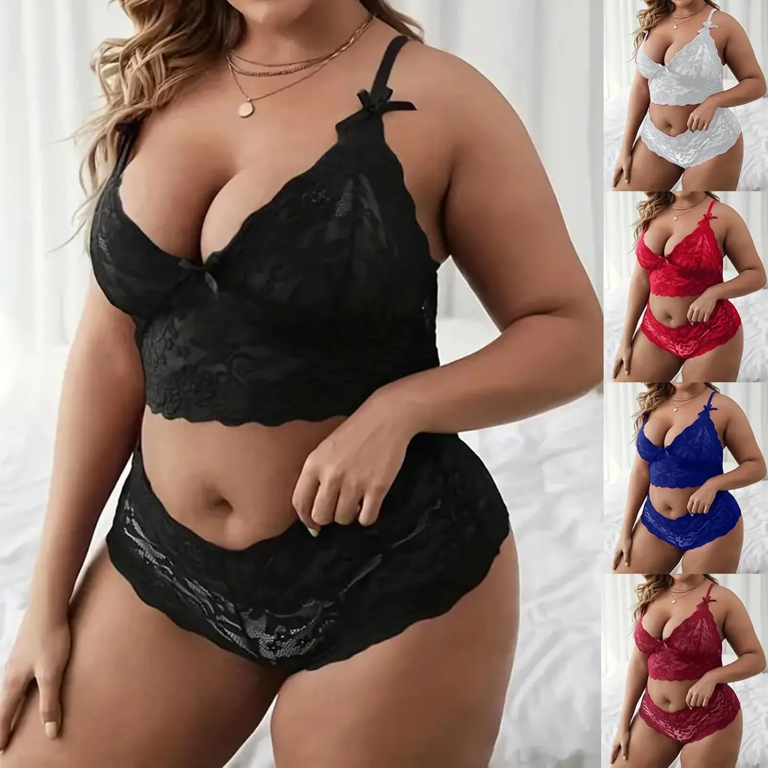 cooki Lingerie Sets for Women Sexy 2 Piece Sheer Floral Lace Bralette and Panty Underwear Plus Size Sleepwear Bra Nightwear