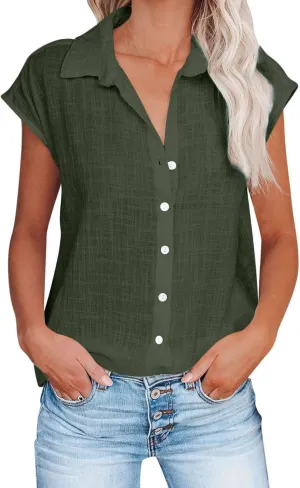 Cotton Linen Cap Sleeve T Shirts for Women V Neck Button Down Shirts Summer Blouses 2025 Trendy Solid Cute Tshirts