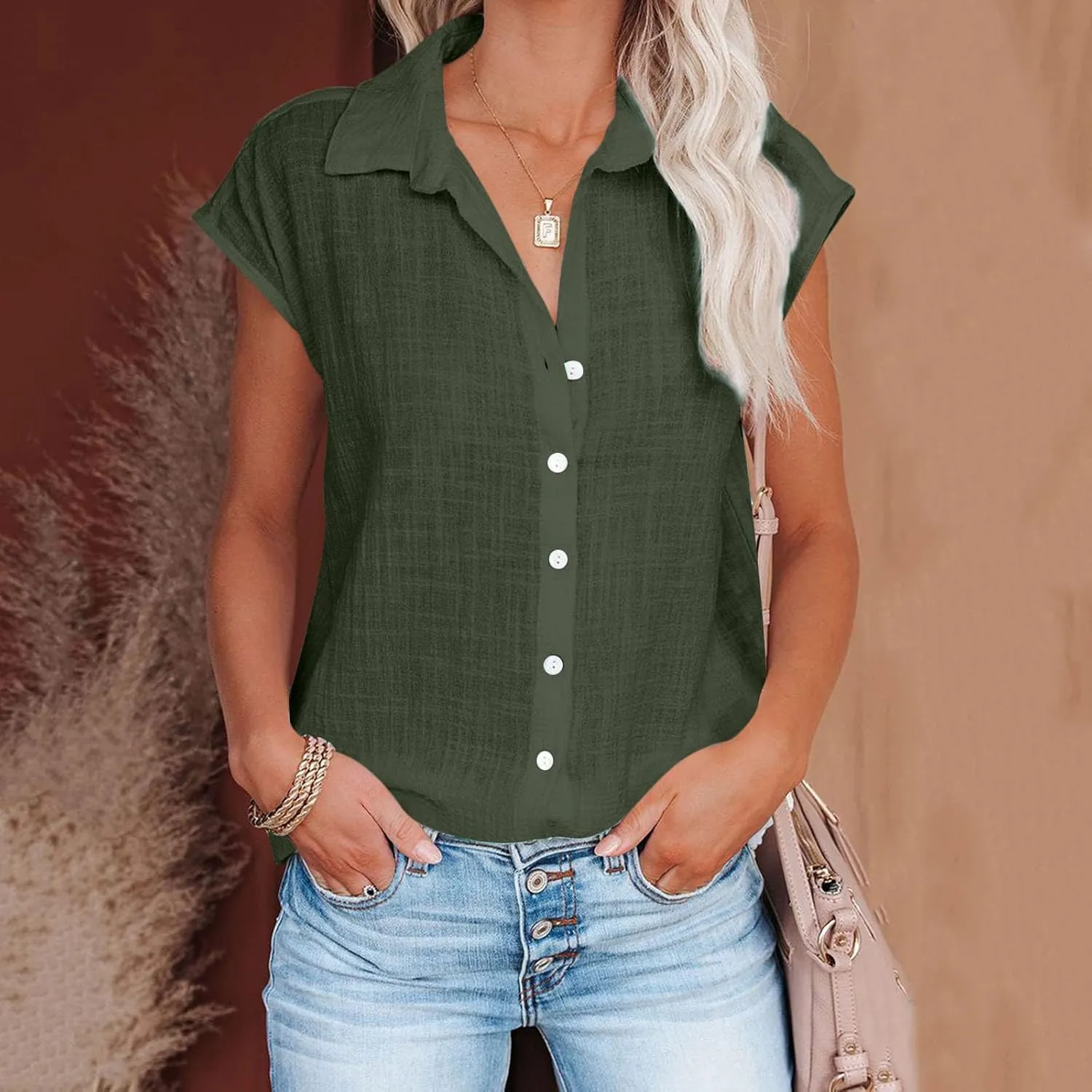 Cotton Linen Cap Sleeve T Shirts for Women V Neck Button Down Shirts Summer Blouses 2025 Trendy Solid Cute Tshirts