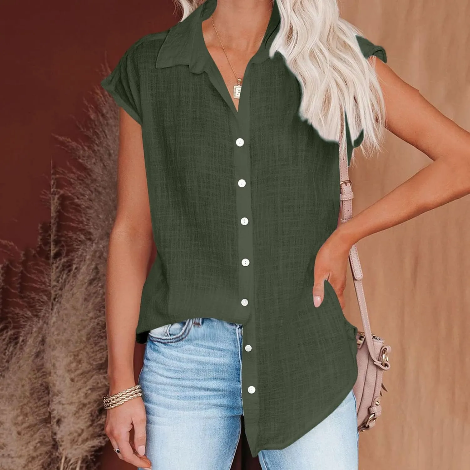 Cotton Linen Cap Sleeve T Shirts for Women V Neck Button Down Shirts Summer Blouses 2025 Trendy Solid Cute Tshirts