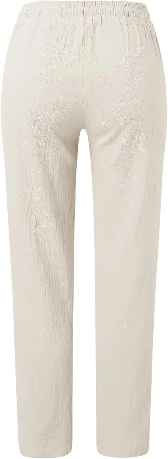 Cotton Linen Pants Women Straight Leg Casual Loose Fit Elastic High Waist Boho Sweatpant Drawstring Palazzo Trouser