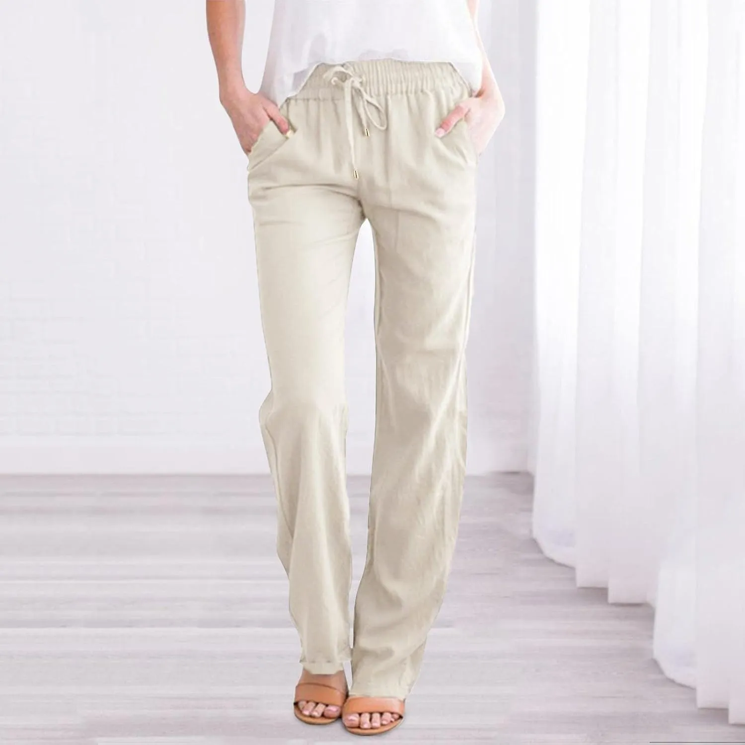 Cotton Linen Pants Women Straight Leg Casual Loose Fit Elastic High Waist Boho Sweatpant Drawstring Palazzo Trouser