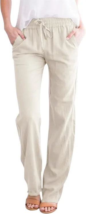 Cotton Linen Pants Women Straight Leg Casual Loose Fit Elastic High Waist Boho Sweatpant Drawstring Palazzo Trouser