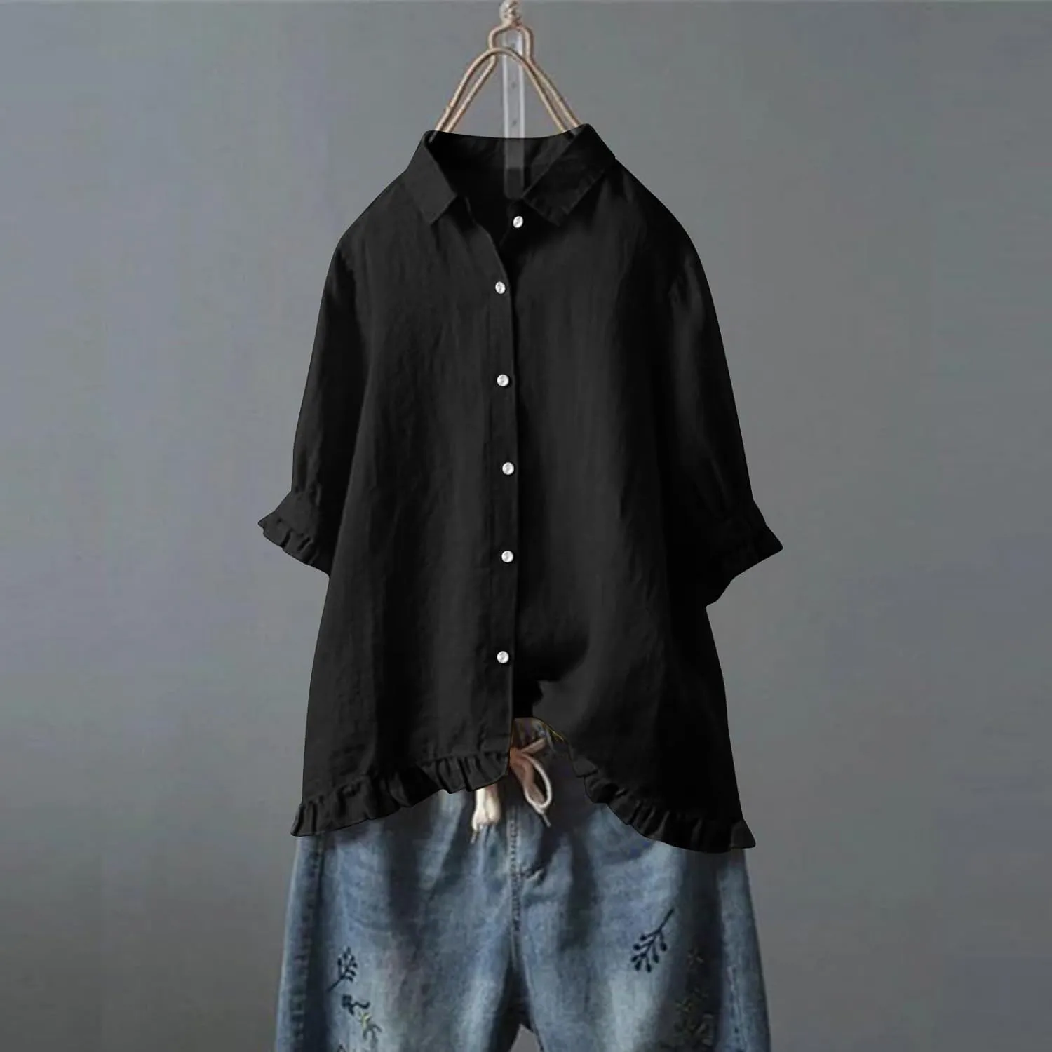 Cotton Linen Tops for Women Plus Size 3/4 Sleeve Shirt Boho Loose fit Tunic Loose Fit Summer Work Oversized Blouse